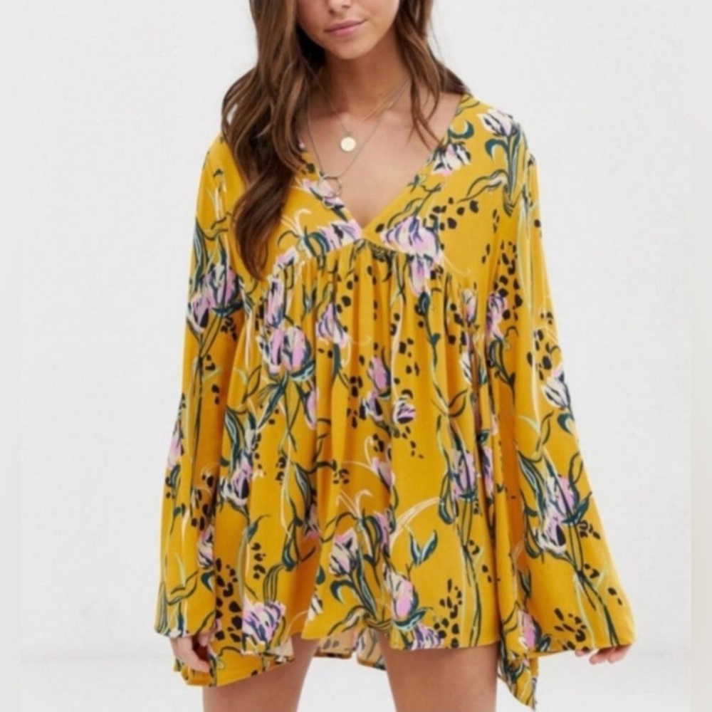 Free People | Yellow Floral Tunic Blouse Mini Dress Size Small